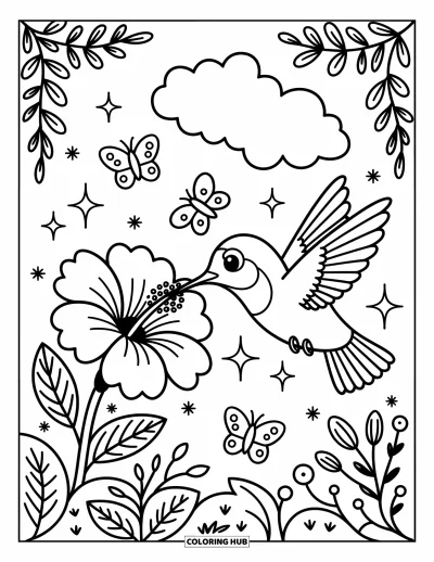 Hummingbird Coloring Page for Adults: A hummingbird sips nectar from a hibiscus with butterflies and smiling clouds nearby