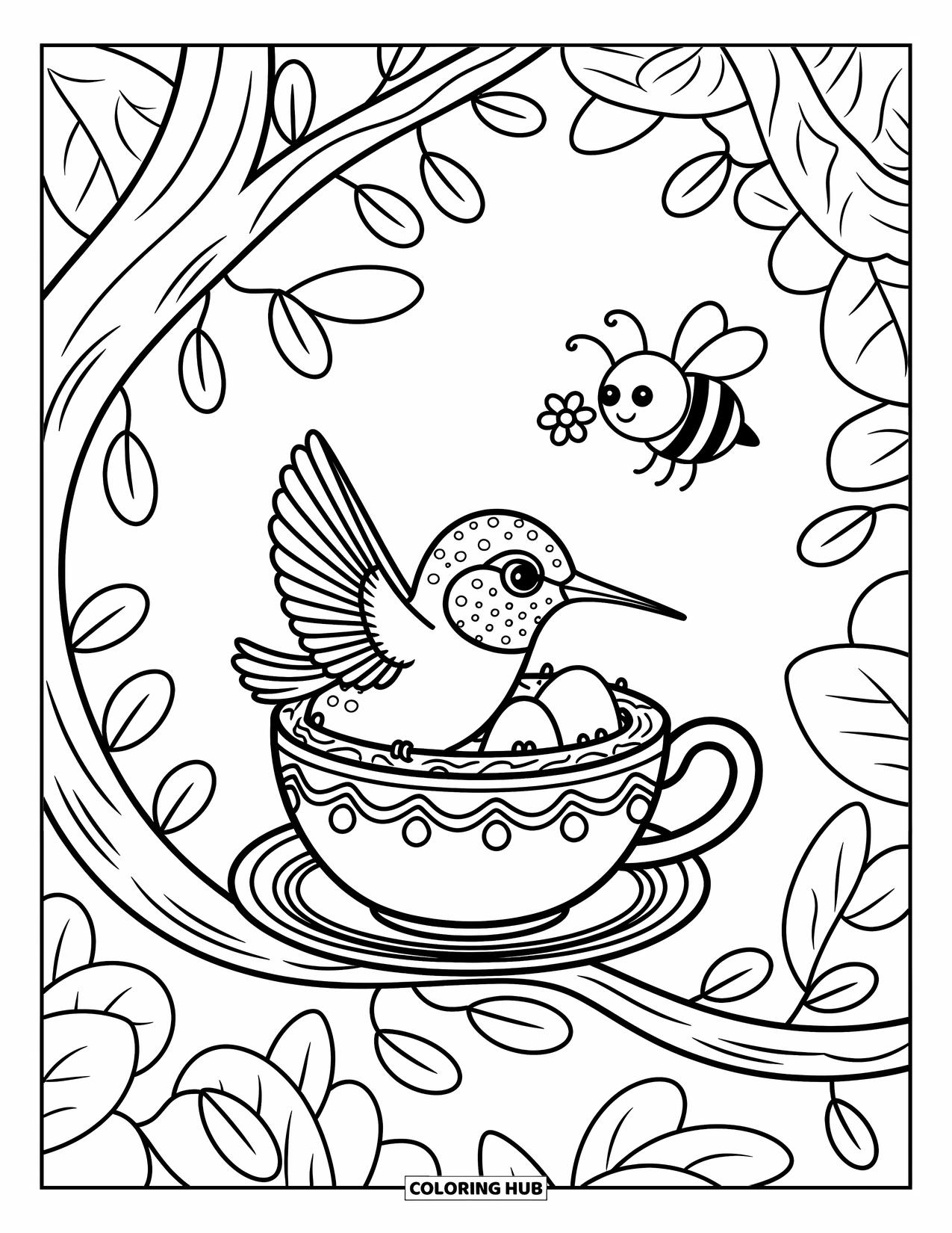 Disegno di colibrì da colorare per adulti: Un colibrì siede in un nido a forma di tazza da tè mentre un'ape curiosa volteggia nelle vicinanze