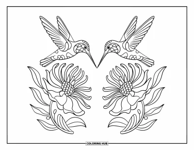 Hummingbird Coloring Page for Adults: A hummingbird sits on a flower in a symmetrical, mirror-style layout