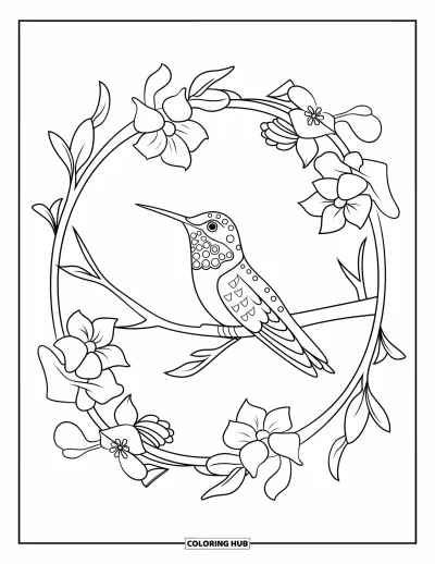 Hummingbird Coloring Page for Adults: A hummingbird sits quietly in a floral layout with peaceful vibes