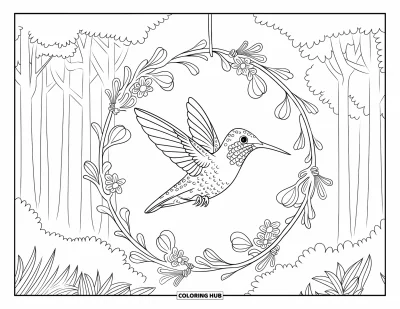 Hummingbird Coloring Page for Adults: A hummingbird soars through a wreath hanging on a tree branch