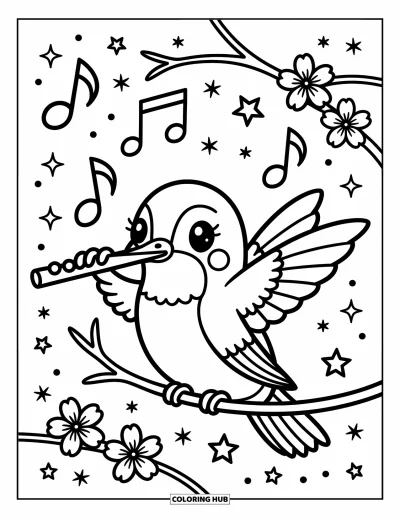 Hummingbird Coloring Page for Adults: A little bird plays a flute as music swirls and stars twinkle above