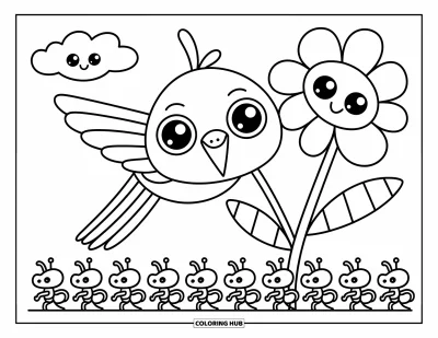 Hummingbird Coloring Page for Adults: A little hummingbird peeks from a flower while ants and a smiling cloud join in