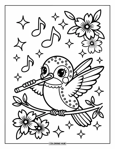 Hummingbird Coloring Page for Adults: A musical hummingbird plays a flute among cherry blossoms and soft stars