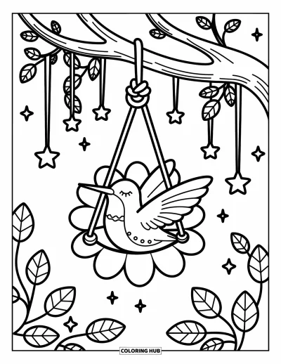 Hummingbird Coloring Page for Adults: A peaceful bird naps in a swing while stars dangle gently overhead