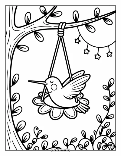 Hummingbird Coloring Page for Adults: A sleeping hummingbird rests in a swing surrounded by vines and tiny stars