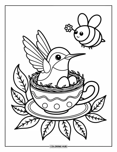 Hummingbird Coloring Page for Adults: A sweet hummingbird rests in a teacup nest beside two tiny eggs