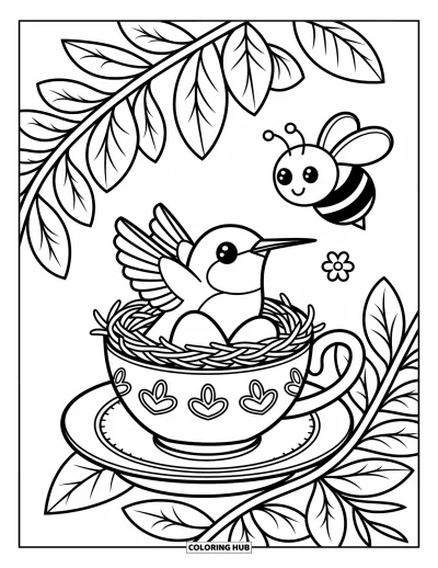 Hummingbird Coloring Page for Adults: A tiny bird nests in a teacup with two eggs and a flower-bearing bee