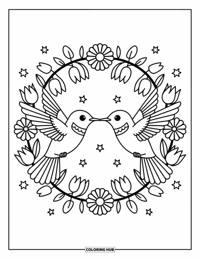 Hummingbird Coloring Page for Adults: Heart-shaped hummingbirds hover above tulips, daisies, and playful little details
