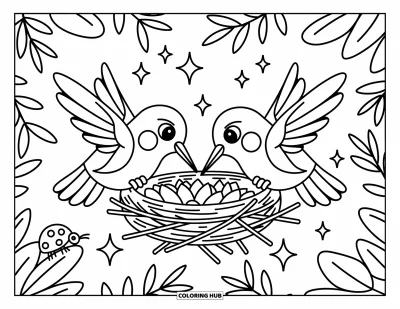 Hummingbird Coloring Page for Adults: Hummingbirds build a nest with flower petals and a curious ladybug nearby