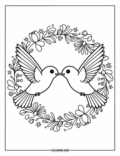 Hummingbird Coloring Page for Adults: Hummingbirds create a heart above a flower wreath with stars and tiny mushrooms