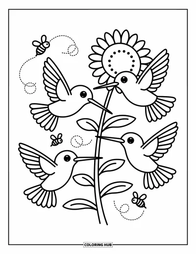 Hummingbird Coloring Page for Adults: Hummingbirds flutter around a sunflower with bees and leaves dancing in the air