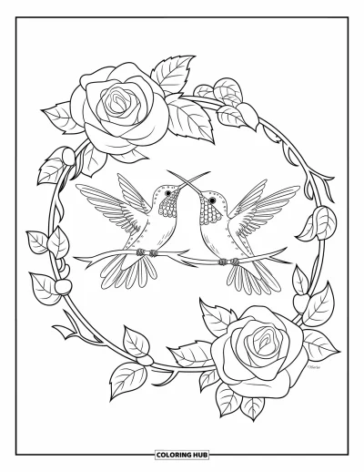 Hummingbird Coloring Page for Adults: Hummingbirds sit among roses and ivy in a round, detailed frame