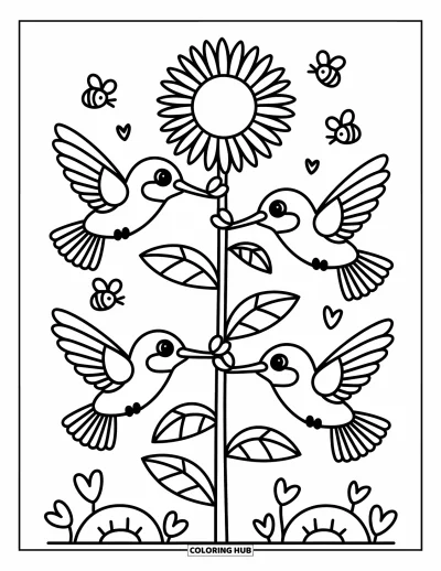 Hummingbird Coloring Page for Adults: Three hummingbirds swirl around a sunflower as bees and leaves float nearby