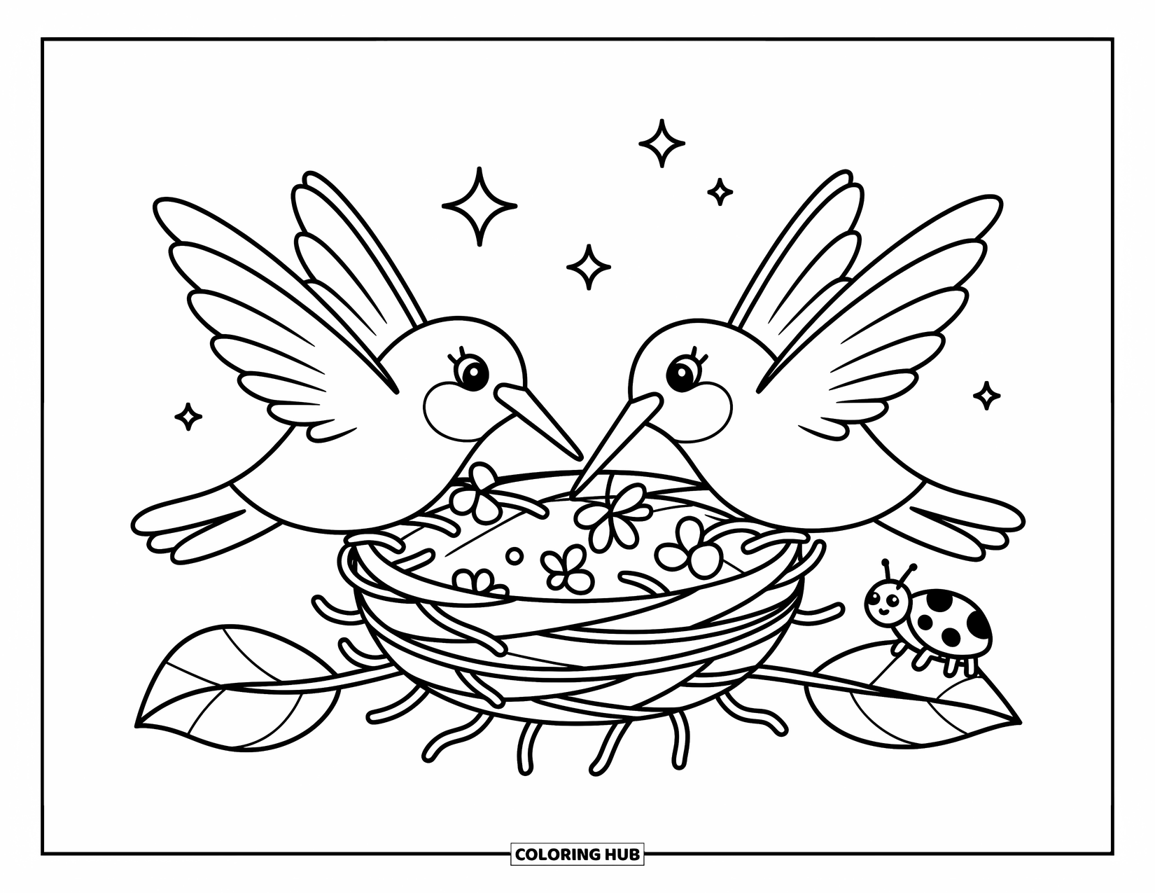 Disegno di colibrì da colorare per adulti: Due simpatici colibrì fanno squadra per costruire insieme un dolce nido