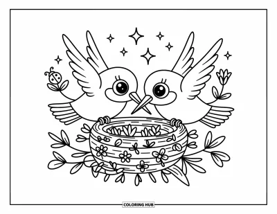 Hummingbird Coloring Page for Adults: Two hummingbirds create a nest while sparkles float and a ladybug watches