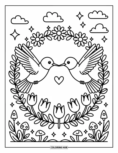 Hummingbird Coloring Page for Adults: Two hummingbirds form a heart shape over a wreath of flowers and stars