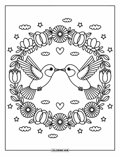 Hummingbird Coloring Page for Adults: Two hummingbirds hover in a heart over a wreath with flowers, stars, and clouds