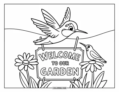 Hummingbird Coloring Page for Kids: A bright hummingbird flies above a “Welcome to our Garden” sign