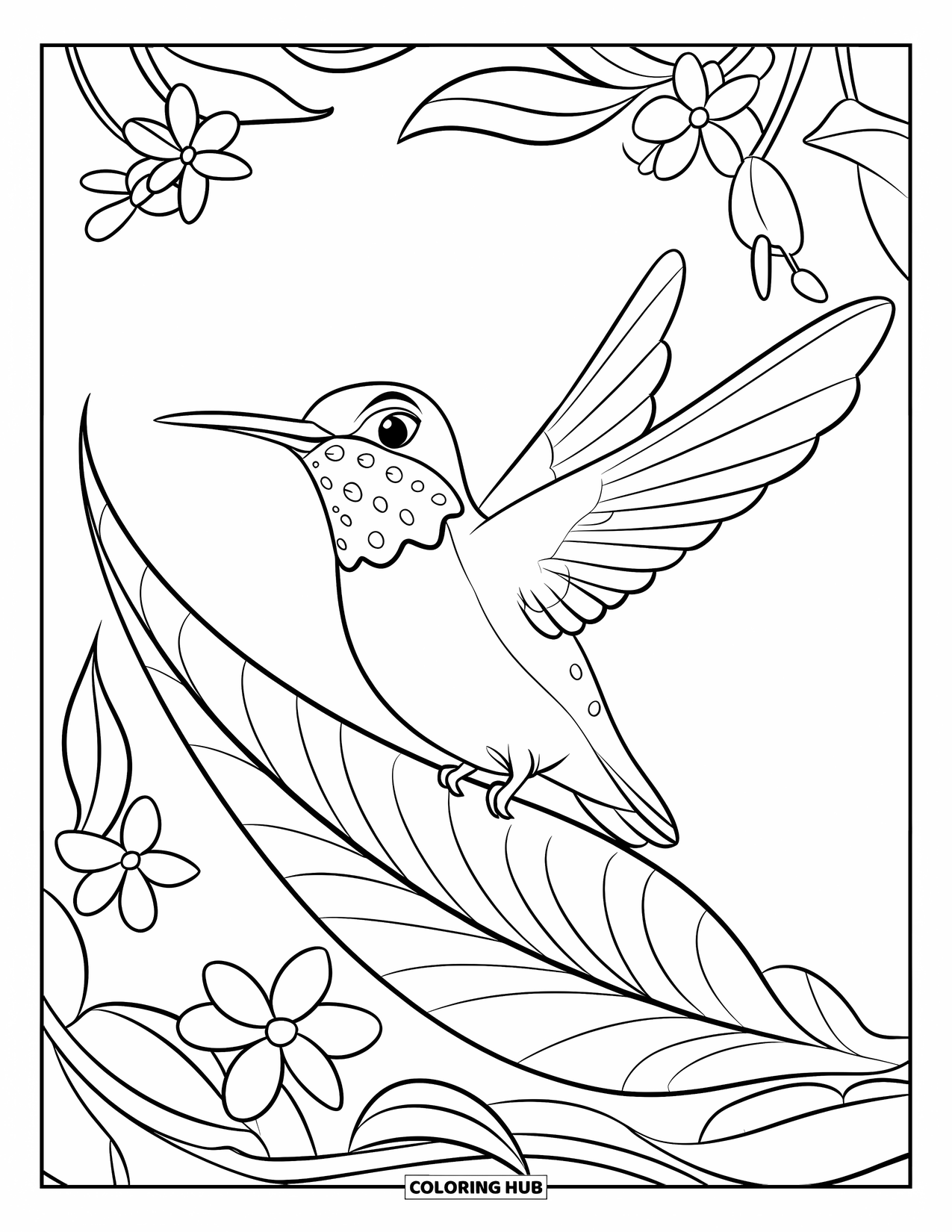 Disegno di colibrì da colorare per bambini: Un colibrì felice galleggia accanto a una foglia e a dolci fiorellini