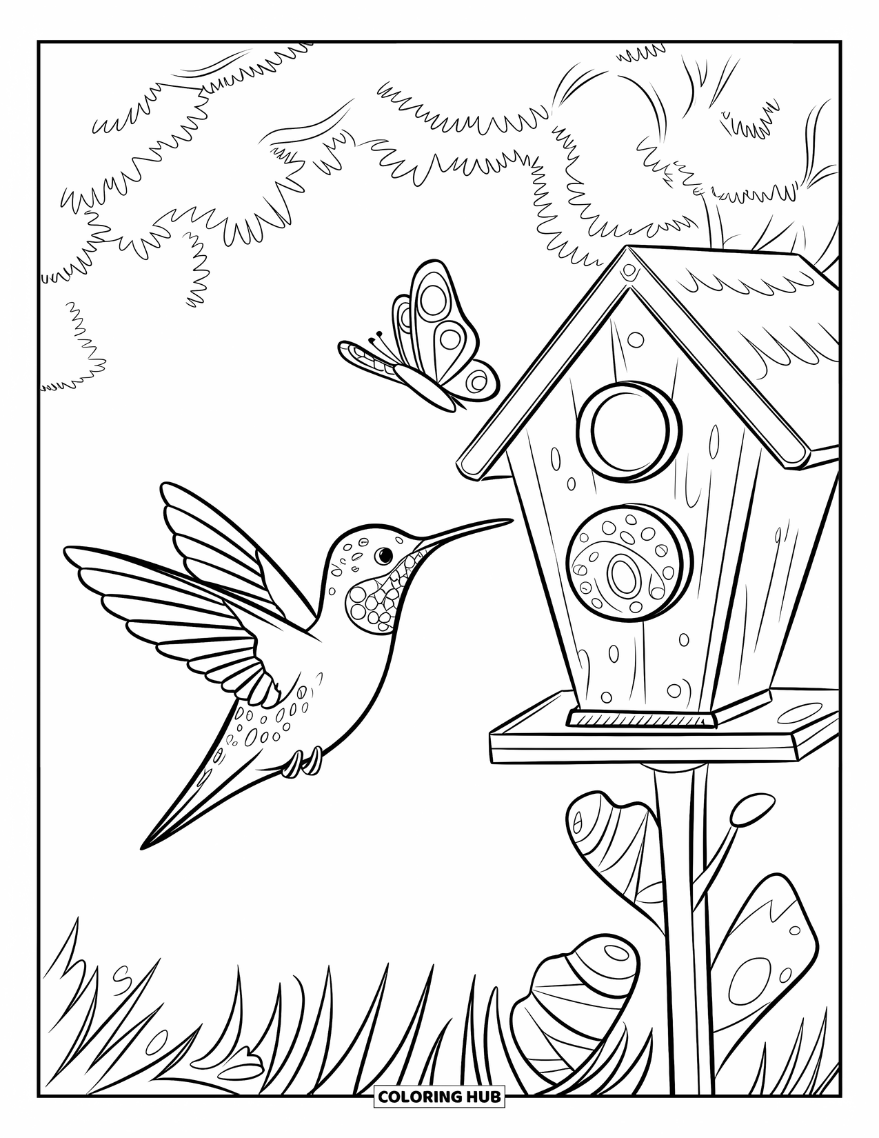 Disegno di colibrì da colorare per bambini: Un colibrì e una farfalla giocano vicino a una casetta per uccelli in una foresta