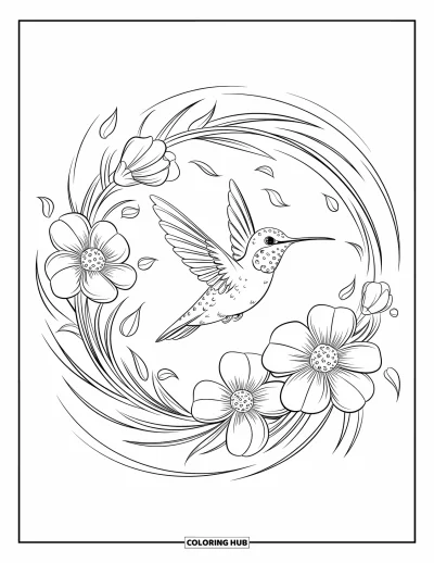 Hummingbird Coloring Page for Kids: A hummingbird dances through a floral circle with petals and gentle breeze lines