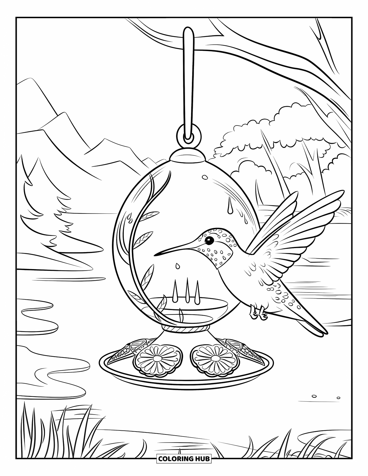 Disegno di colibrì da colorare per bambini: Un colibrì beve da una mangiatoia appesa vicino ad alberi, fiori e montagne lontane