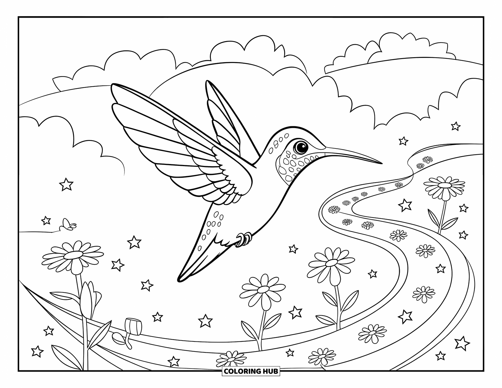 Disegno di colibrì da colorare per bambini: Un colibrì vola sopra un sentiero tortuoso di fiori e stelle scintillanti