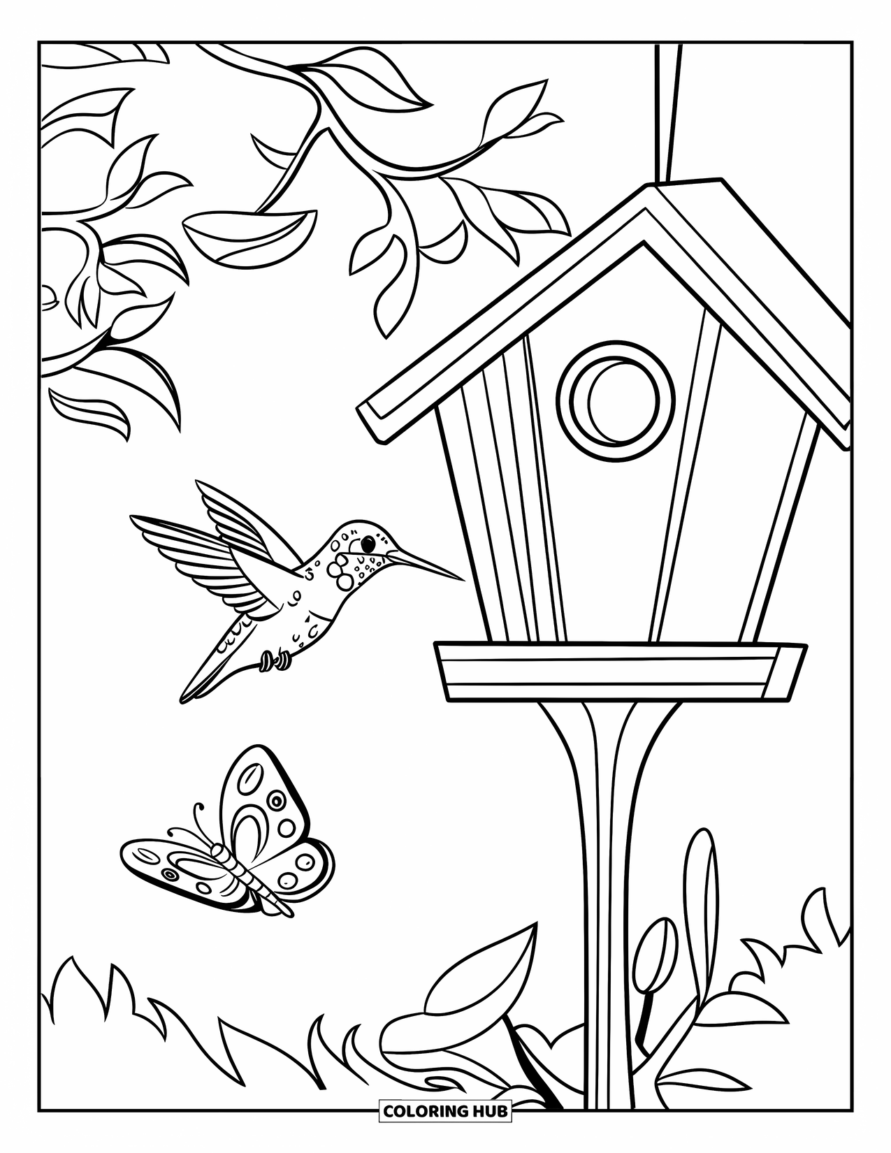 Disegno di colibrì da colorare per bambini: Un colibrì svolazza vicino a una casetta per uccelli mentre una farfalla si riposa nelle vicinanze