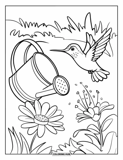 Hummingbird Coloring Page for Kids: A hummingbird floats near a watering can with one flower sticking out