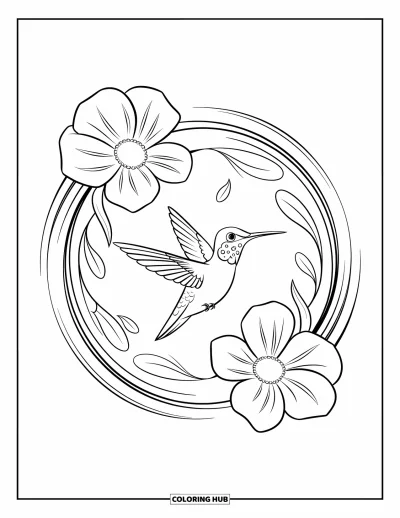 Hummingbird Coloring Page for Kids: A hummingbird glides through a floral circle with breezy lines dancing around