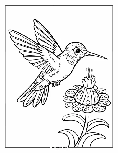 Hummingbird Coloring Page for Kids: A hummingbird hovers over a striped flower with its wings wide
