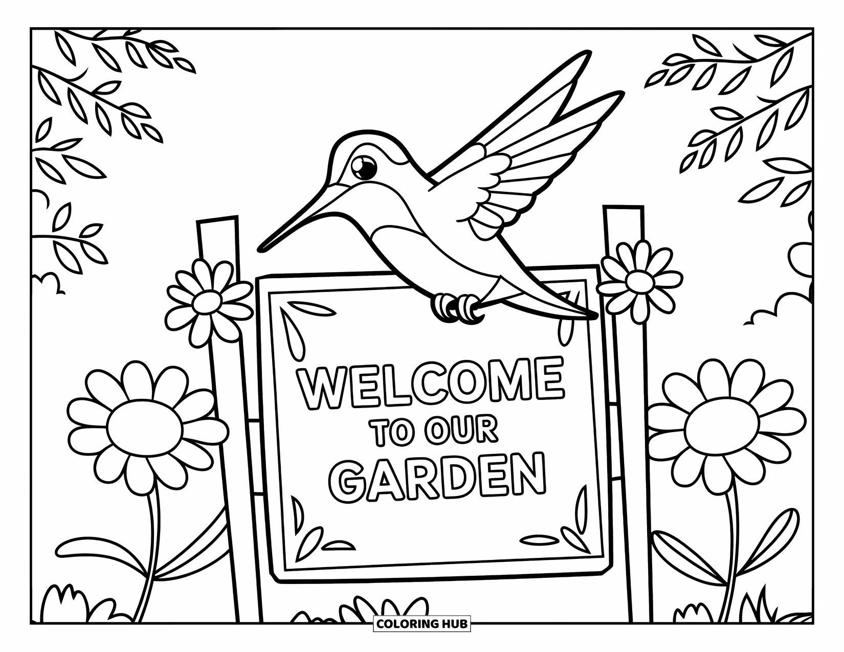Disegno di colibrì da colorare per bambini: Un colibrì volteggia sopra un cartello di benvenuto con fiori su ogni lato