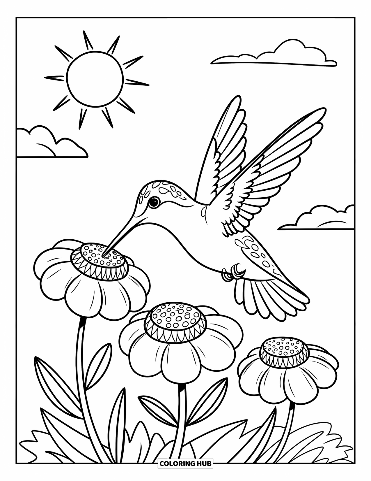 Disegno di colibrì da colorare per bambini: Un colibrì volteggia sopra tre fiori sotto un cielo soleggiato