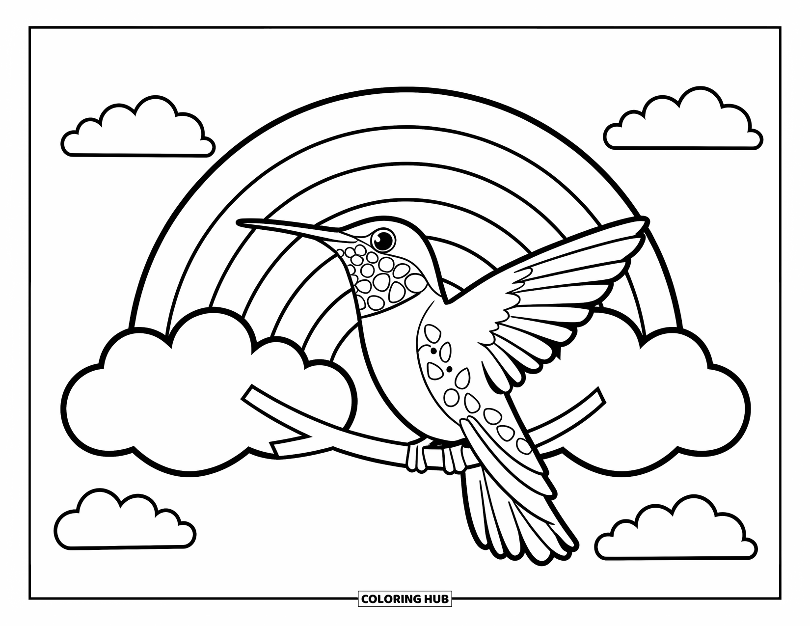 Disegno di colibrì da colorare per bambini: Un colibrì si appollaia sotto un arcobaleno con nuvole soffici intorno