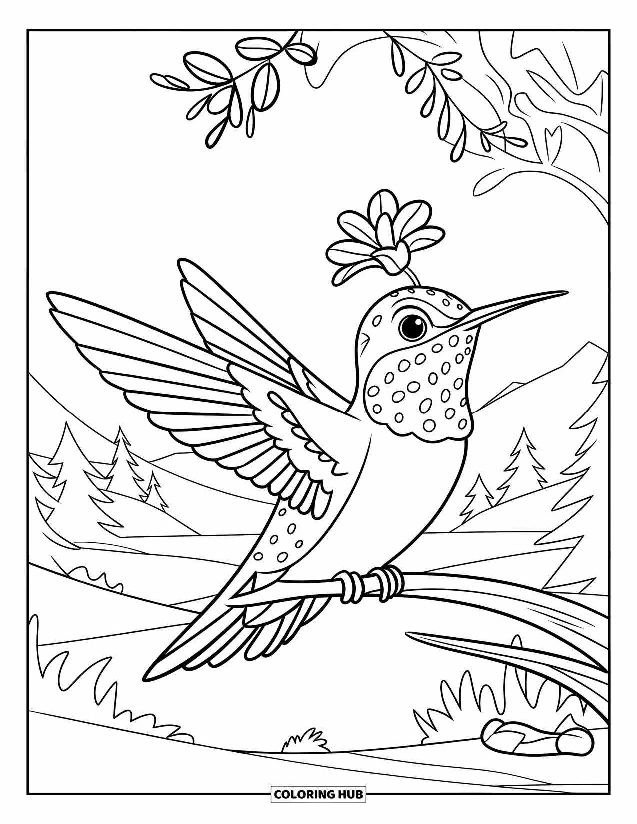 Disegno di colibrì da colorare per bambini: Un colibrì si appollaia tranquillamente con un fiore che galleggia sopra la sua testa