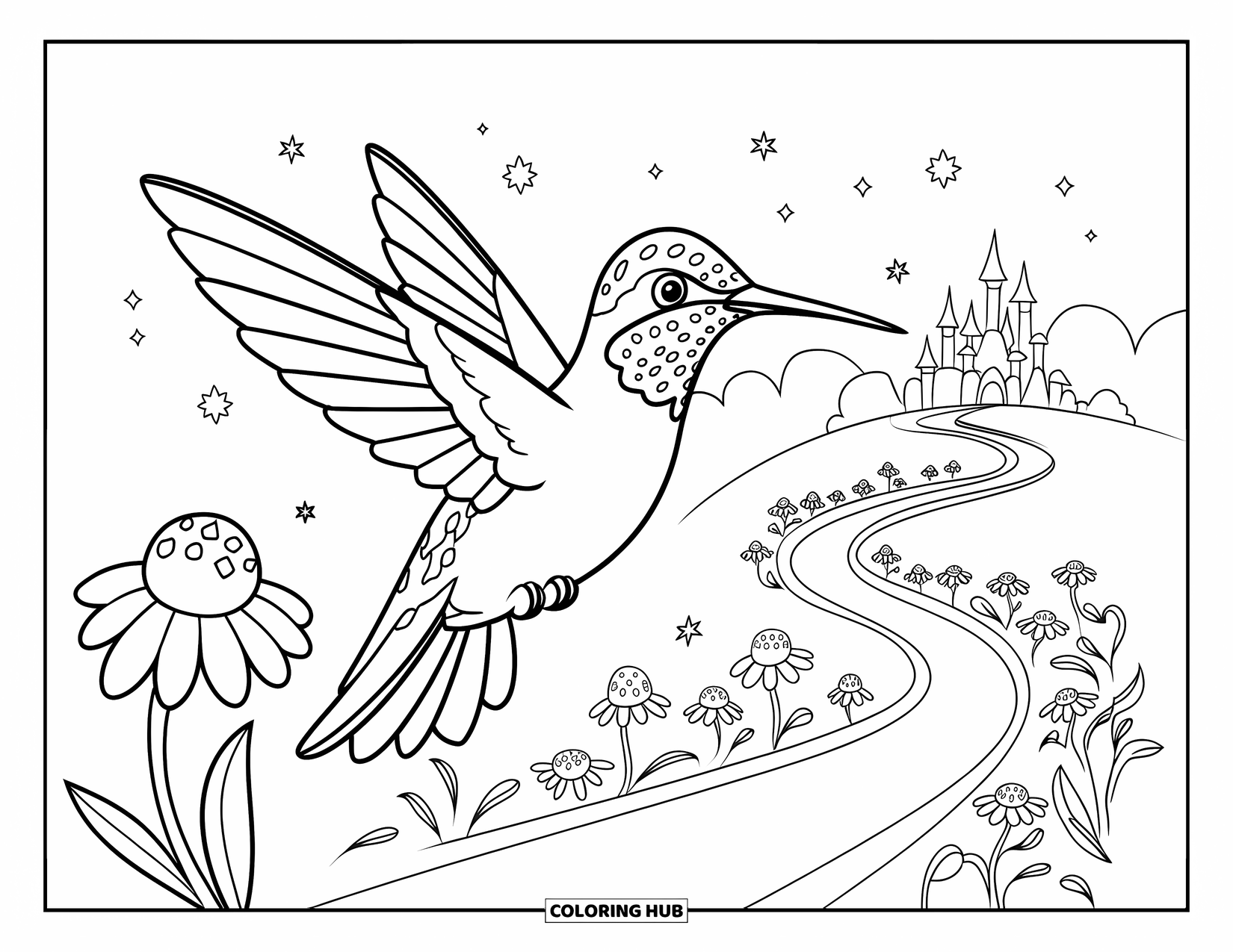 Disegno di colibrì da colorare per bambini: Un colibrì si appollaia su un fiore lungo un sentiero magico e stellato che conduce a un castello