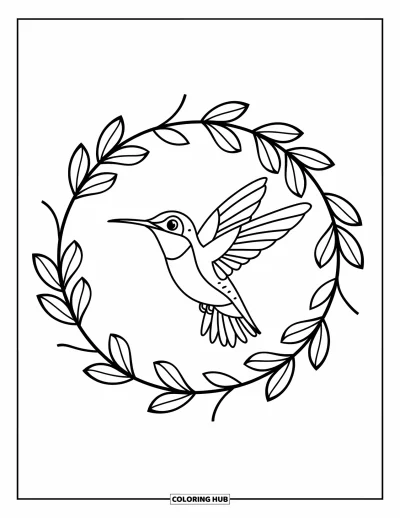 Hummingbird Coloring Page for Kids: A hummingbird rests inside a circle frame made of simple leaves