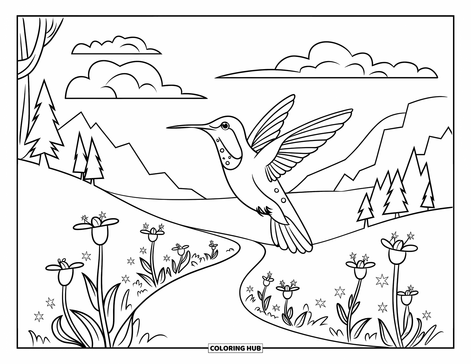 Disegno di colibrì da colorare per bambini: Un colibrì vola sopra un sentiero fiorito tortuoso, circondato da alberi e montagne dolci