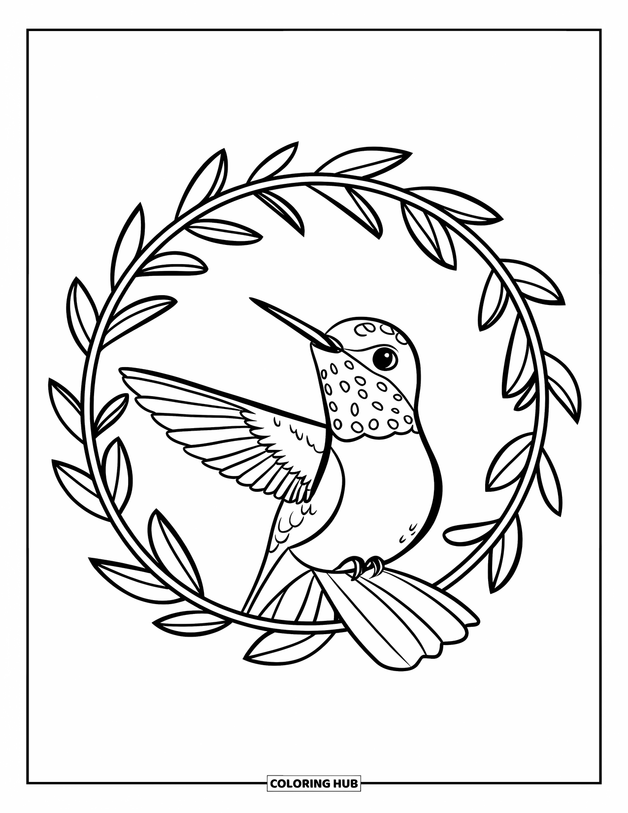 Disegno di colibrì da colorare per bambini: Un colibrì apre le ali all'interno di una cornice circolare morbida e frondosa