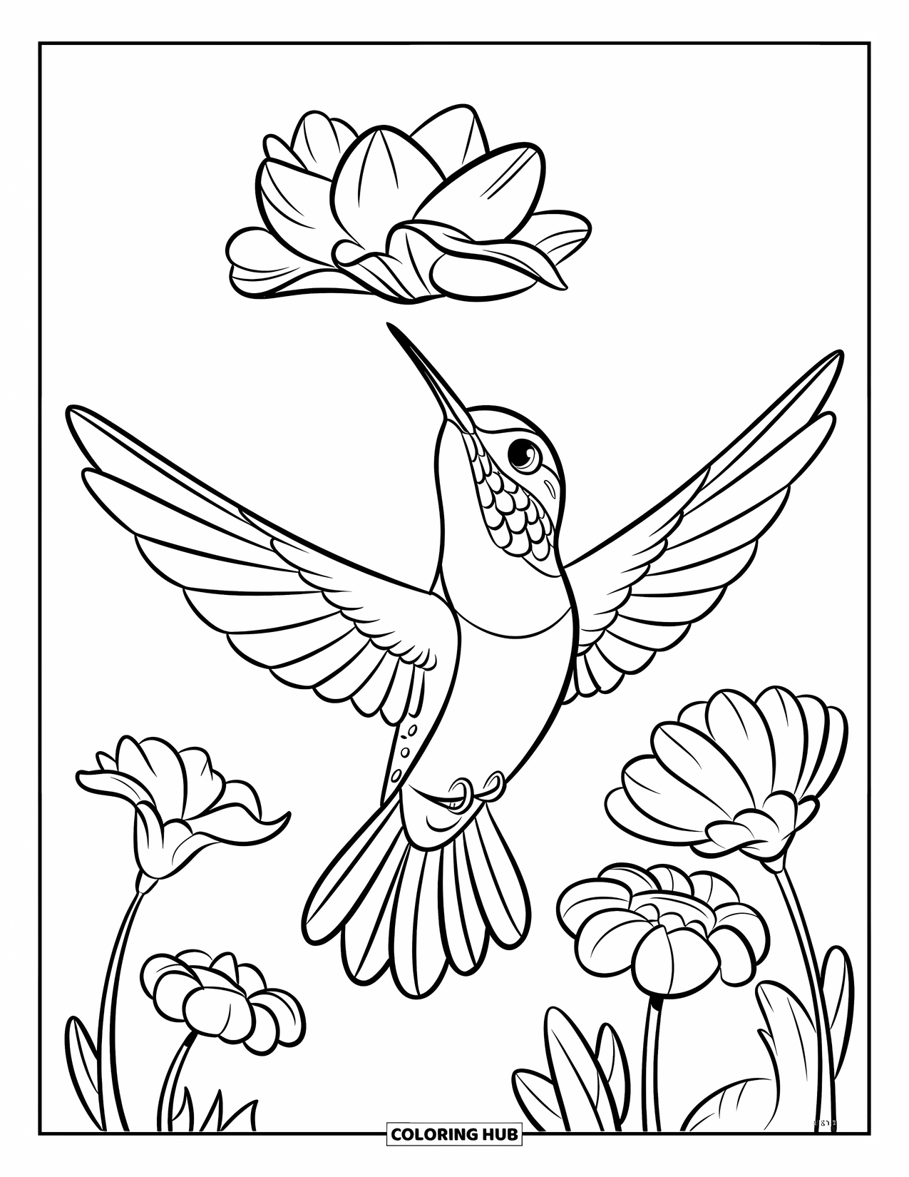 Disegno di colibrì da colorare per bambini: Un colibrì con le ali aperte mira a un piccolo fiore sopra