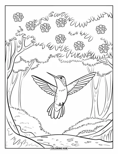 Hummingbird Coloring Page for Kids: A hummingbird with open wings soars under large forest leaves and scattered flowers