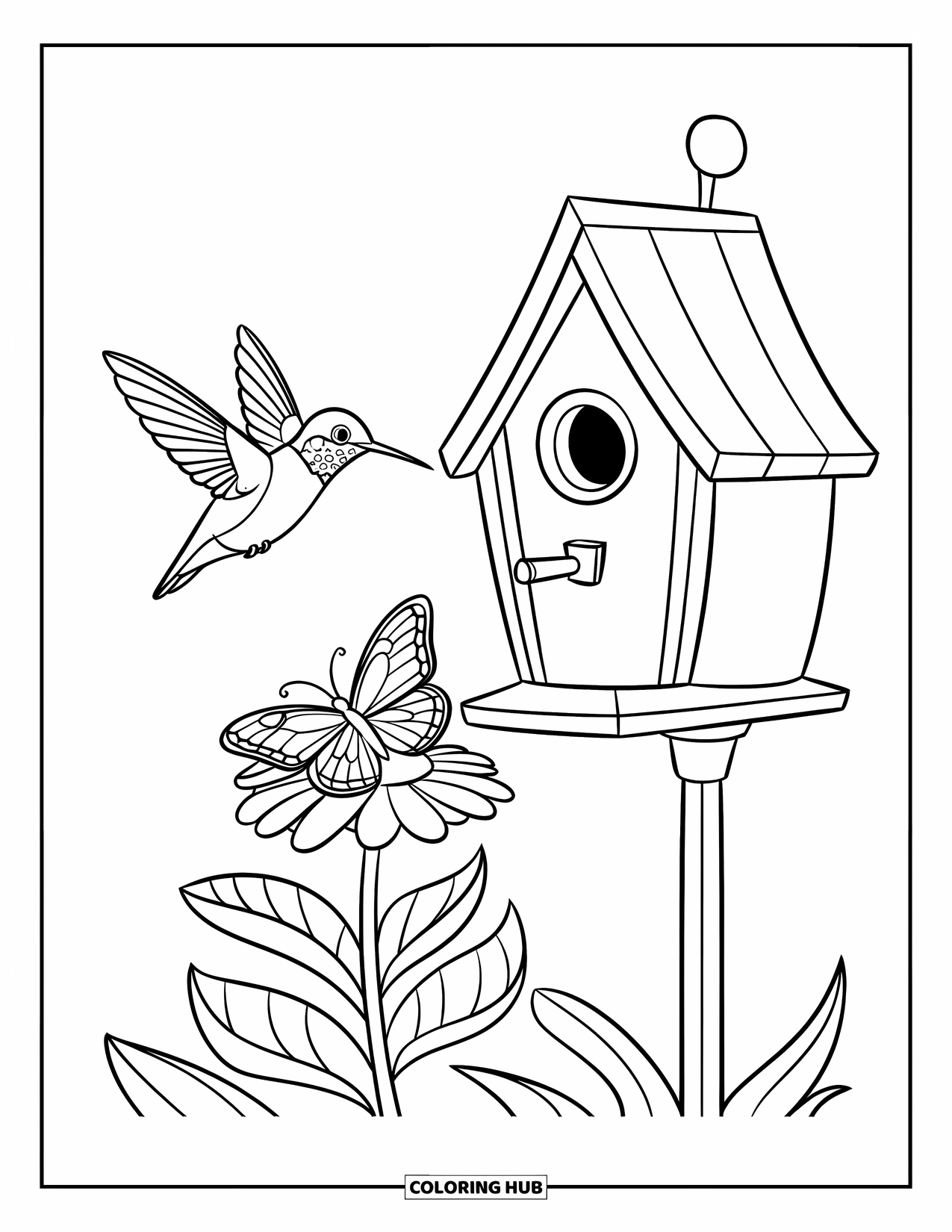 Disegno di colibrì da colorare per bambini: Un colibrì sfreccia intorno a una casetta per uccelli mentre una farfalla si posa su un fiore