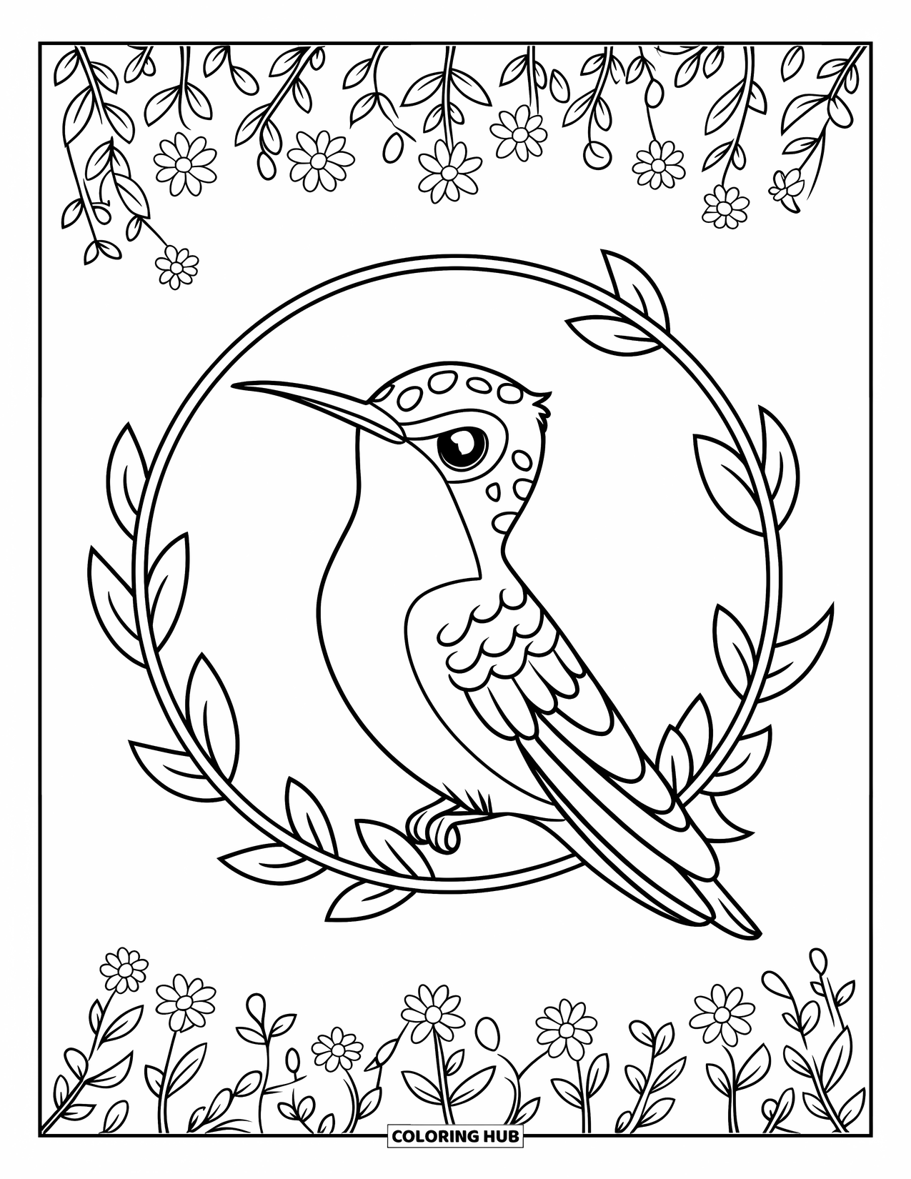Disegno di colibrì da colorare per bambini: Un colibrì pacifico siede in un cerchio frondoso circondato da piccoli fiori