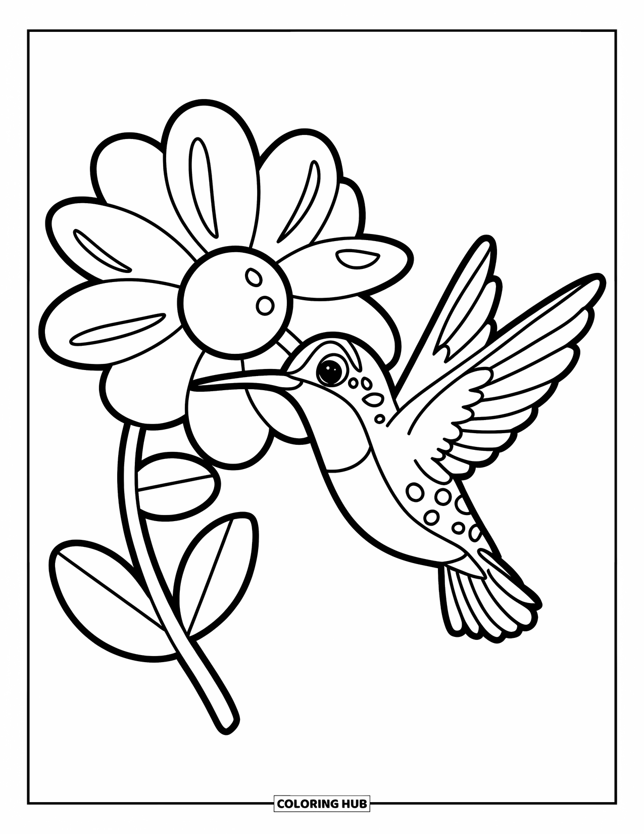 Disegno di colibrì da colorare per bambini: Un colibrì giocoso svolazza vicino a un grande fiore con contorni spessi e audaci