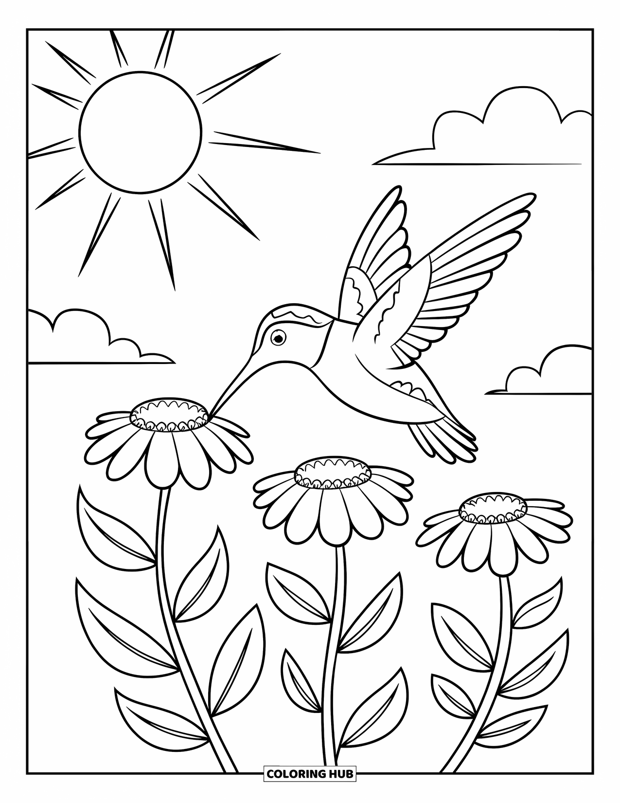 Disegno di colibrì da colorare per bambini: Un colibrì rosso e verde volteggia sopra tre graziosi fiori