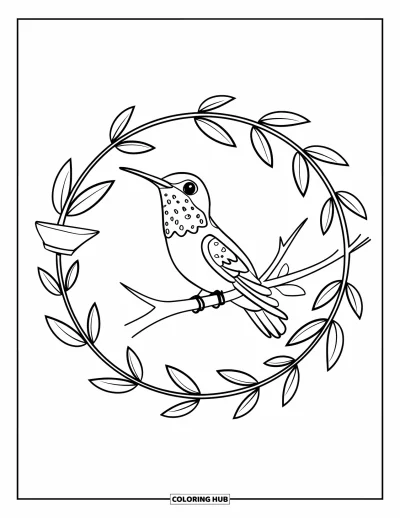Hummingbird Coloring Page for Kids: A red-throated hummingbird perches on a branch inside a leaf circle frame