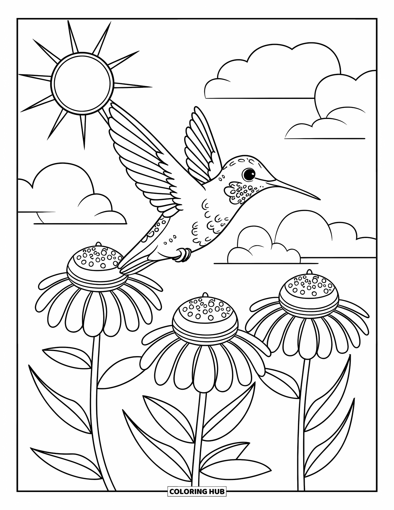 Disegno di colibrì da colorare per bambini: Un colibrì lucente galleggia sopra tre fiori colorati al sole