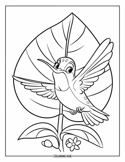 Hummingbird Coloring Page for Kids: A smiling hummingbird hovers near a big leaf with tiny flowers