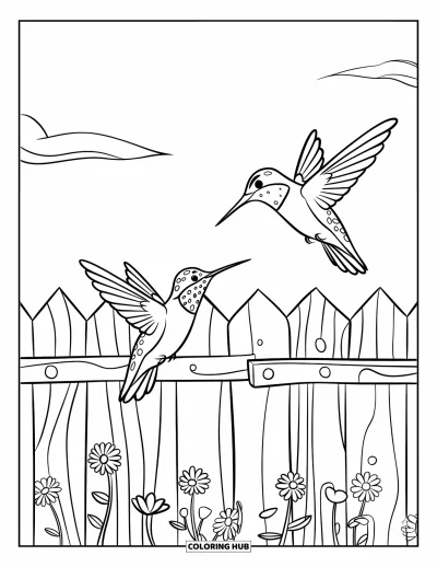 Hummingbird Coloring Page for Kids: Hummingbirds flutter around a garden fence dotted with flowers
